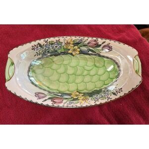 Vintage Maling Peony Rose Dish Victoria Green Thumbprint Lustre 11.5" Art Deco